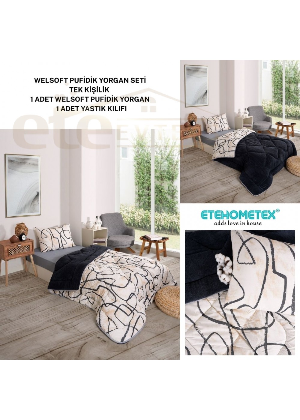 ETE HOMETEX TEK KİŞİLİK LÜX WELSOFT YORGAN SETİ EFEKT ANTRASİT 155X215CM 8696474231965